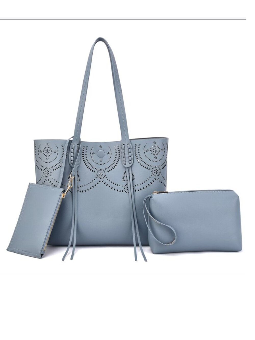 3-PC Mellow World Camille Laser Cut Faux Leather Tote Bag Blue Gray- NWT